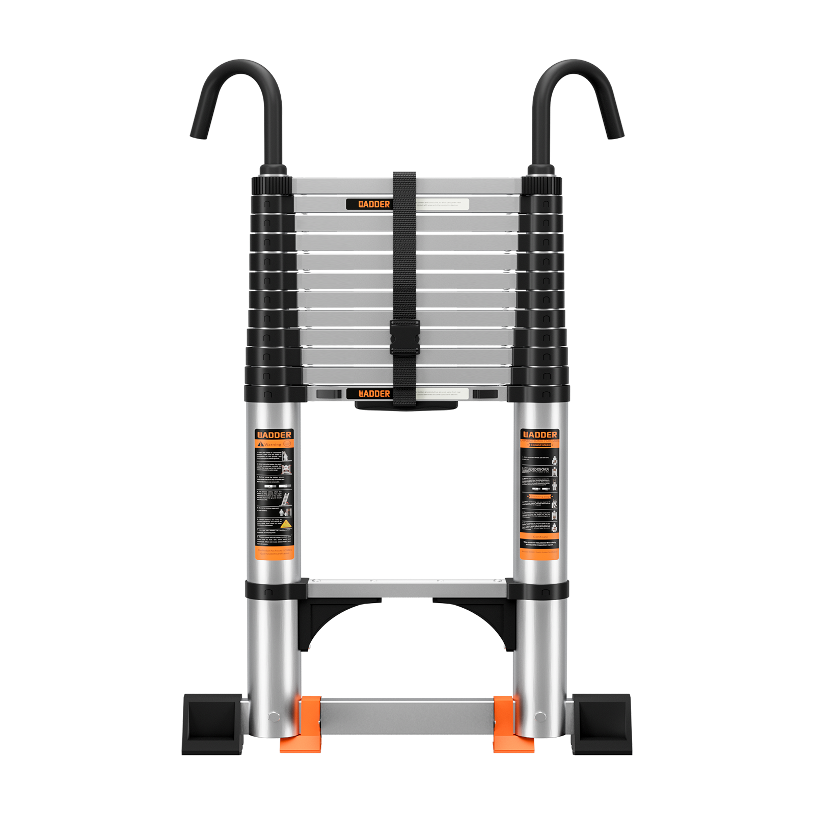 Collapsed JIASHCHE telescopic ladder with hooks and stabilizer bar
